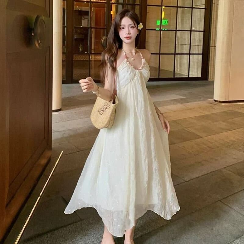 프랑스식 백리스 행침 목 슬립 여성 드레스 여름 2026 새로운 달콤함 품격 해변가 휴가 길다 치마 이미지 2