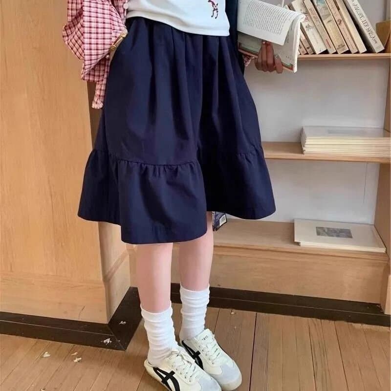 일본식 해군 슬림해 보이는 반신 스커트 여성 학원 스타일 허리밴드 A라인 스커트 캐주얼 다용도 있음 주머니 중간 길이 스커트 이미지 2