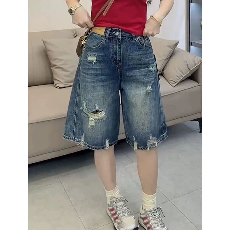 개성 이후 주머니 플립 커버 디자인 넓은 다리 5 점 데님 반바지 여성 봄 여름 새로운 찢어진 데님 오부 바지