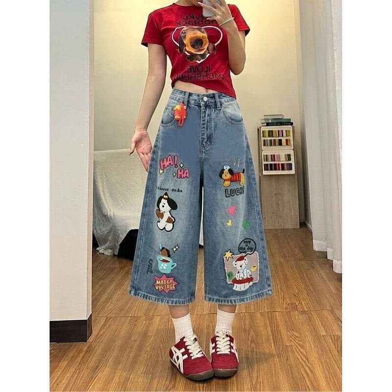만화 강아지 수건 자수 데님 7부 바지 여성 봄 여름 새로운 루즈핏 높음 거리 패션 스트레이트 7부 바지 이미지 5