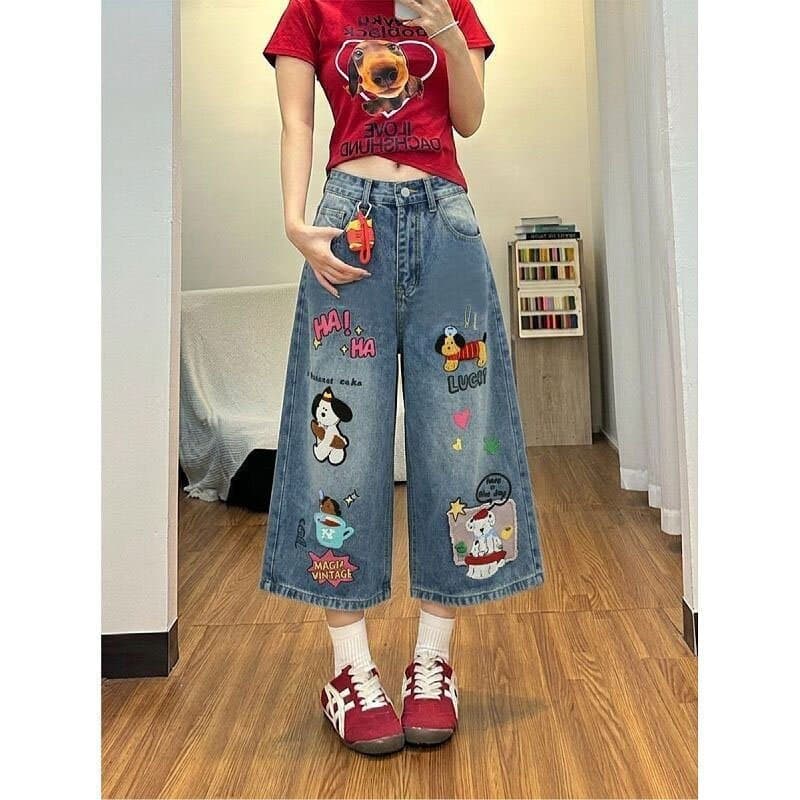 만화 강아지 수건 자수 데님 7부 바지 여성 봄 여름 새로운 루즈핏 높음 거리 패션 스트레이트 7부 바지 상세 이미지 2