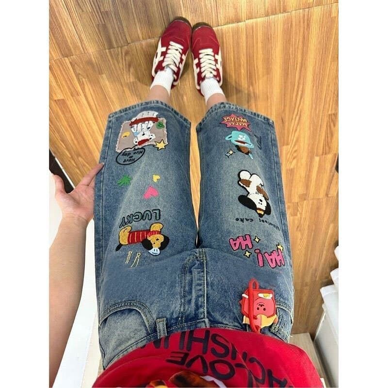 만화 강아지 수건 자수 데님 7부 바지 여성 봄 여름 새로운 루즈핏 높음 거리 패션 스트레이트 7부 바지 상세 이미지 5