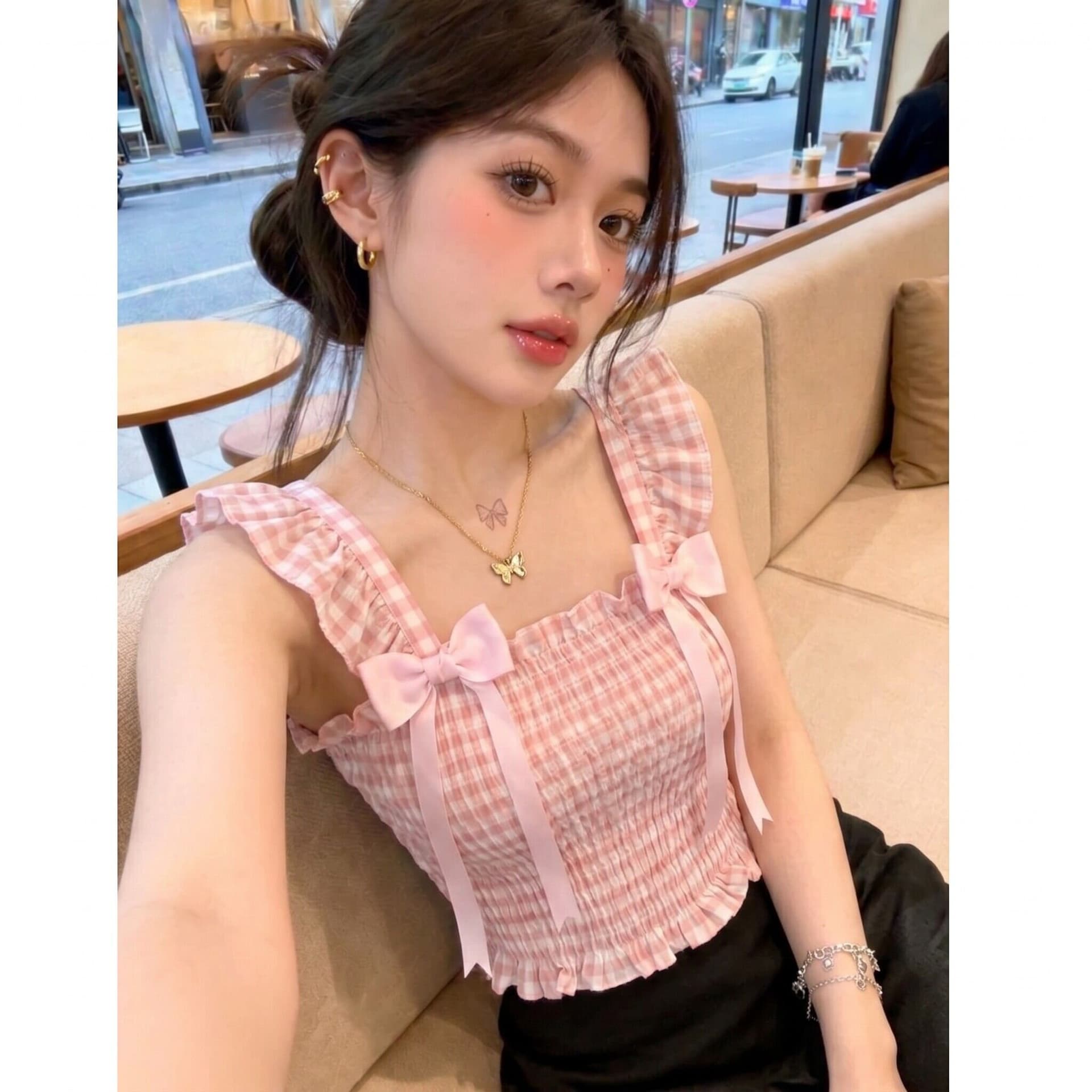 나비 매듭 핑크색 체크무늬 작은 날다 소매 광장 칼라 여성 셔츠 여름 달콤함 부드러운 셔츠 몸매 가꾸기 쇼트 스타일 맨위 상세 이미지 2
