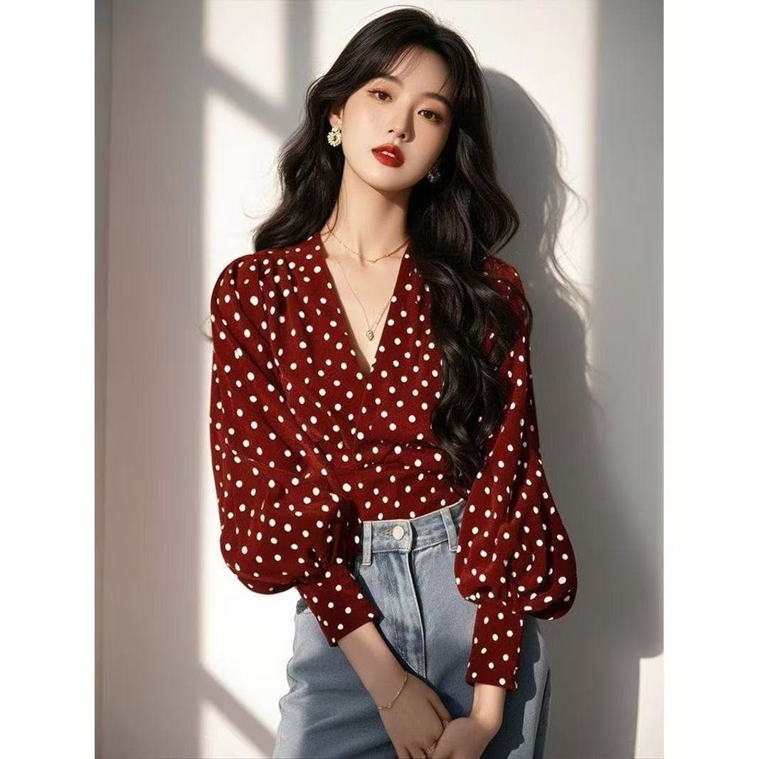 프랑스식 빨간색 도트 무늬 긴팔 셔츠 여성 의류 이른 가을 2026 새로운 프랑스식 레트로 항구 바람 품격 연령 감소 맨위 상세 이미지 5