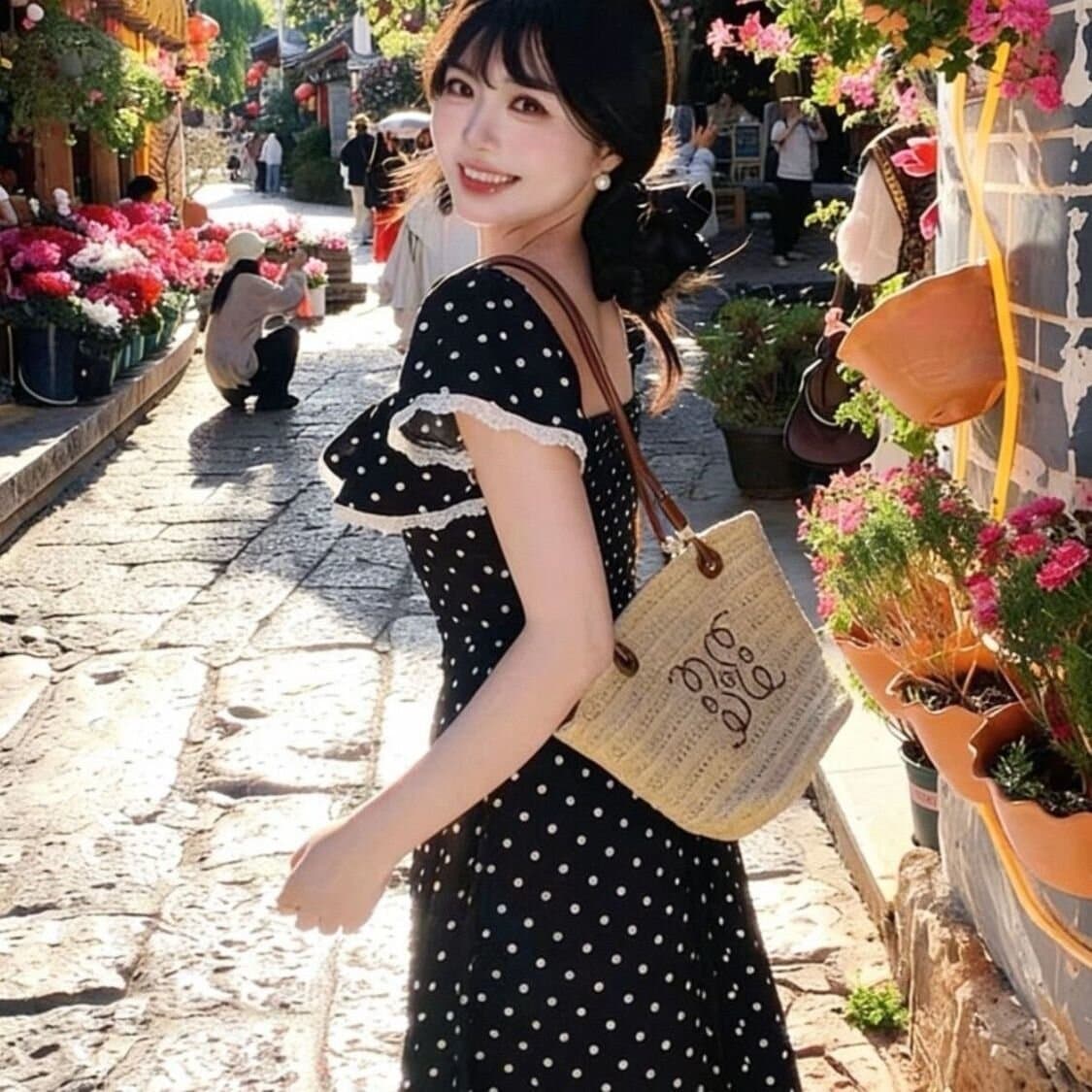 프랑스식 오프숄더 Feifei 소매 도트 무늬 드레스 여름 아름다운 품격 고급 센스 허리 수축 슬림해 보이는 한 마디 롱 스커트 이미지 2