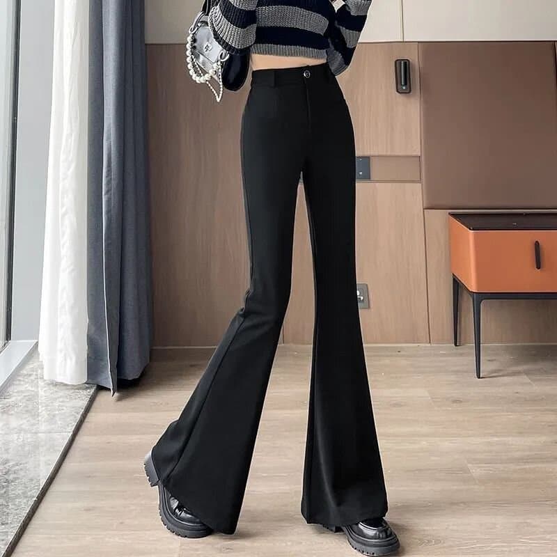 검정색 정장 바지 여성 봄 가을 새로운 하이웨이스트 슬림해 보이는 도루 센스 캐주얼 대 나팔 바지 넓은 다리 바닥 청소 호스 슈 바지 이미지 4