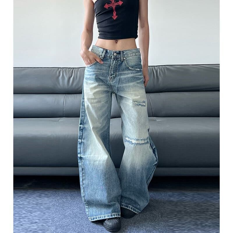 웃음 하 디자인 센스 아메리칸 개성 스트레이트 청바지 여성 봄 가을 새로운 루즈핏 패션 바닥 청소 데님 바지 상세 이미지 6