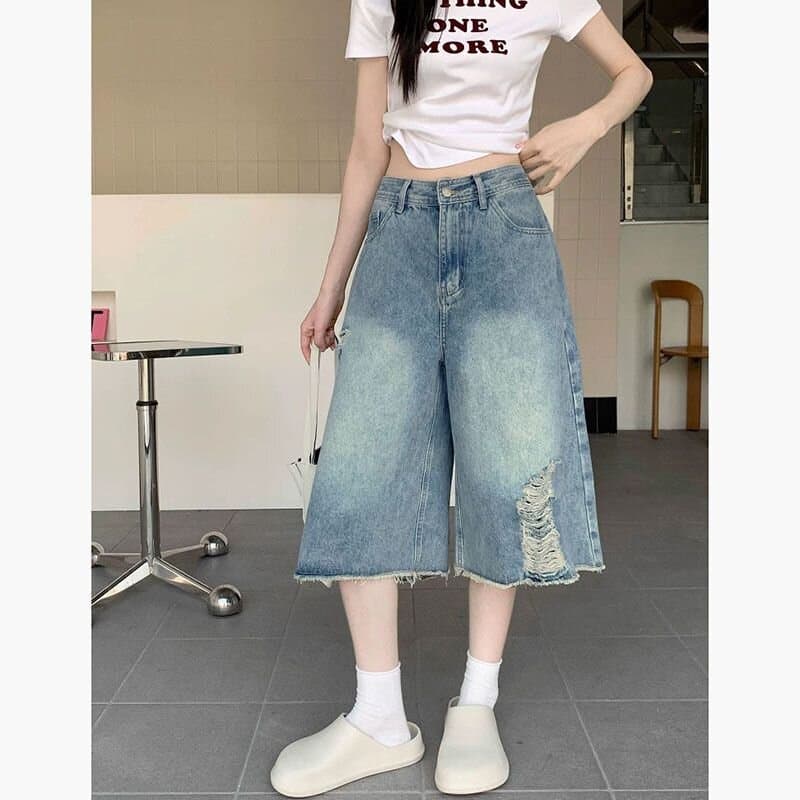 아메리칸 레트로 찢어진 부분 청바지 와이드 레깅스 바지 여름 새로운 마 오래된 하이웨이스트 루즈핏 스트레이트 7 점 바지 트렌디
