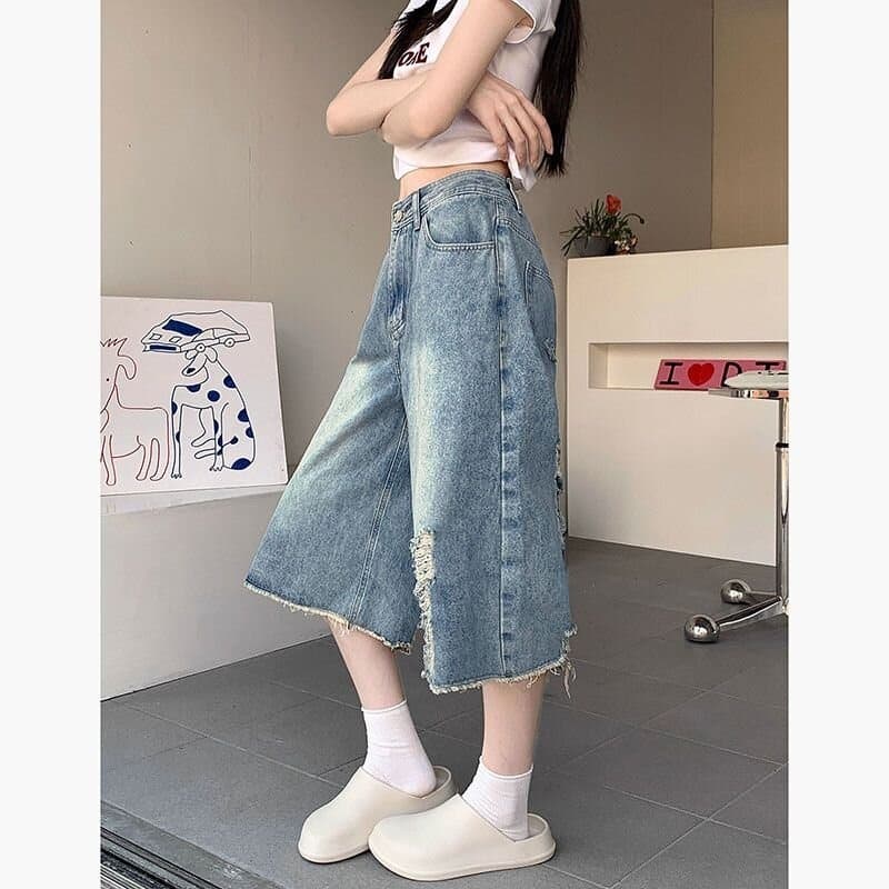 아메리칸 레트로 찢어진 부분 청바지 와이드 레깅스 바지 여름 새로운 마 오래된 하이웨이스트 루즈핏 스트레이트 7 점 바지 트렌디 이미지 5