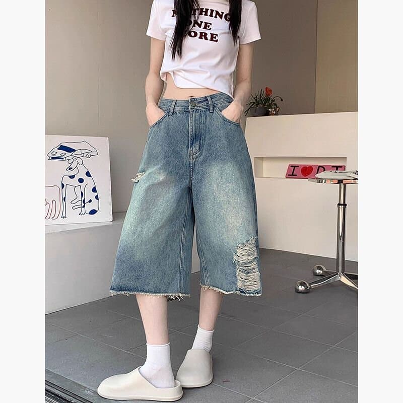아메리칸 레트로 찢어진 부분 청바지 와이드 레깅스 바지 여름 새로운 마 오래된 하이웨이스트 루즈핏 스트레이트 7 점 바지 트렌디 상세 이미지 3