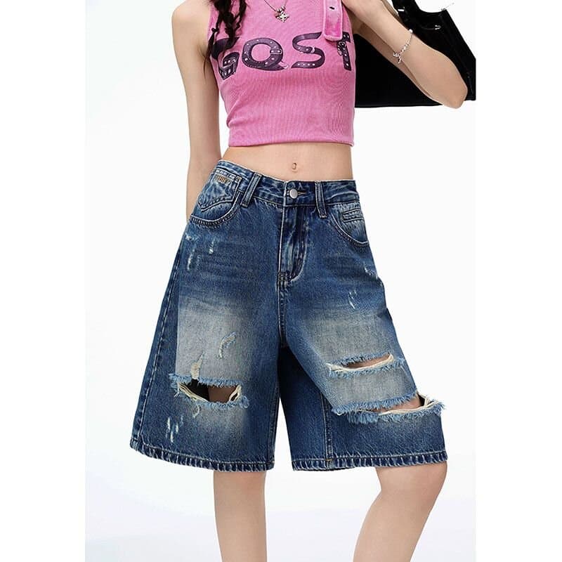 찢어진 부분 데님 반바지 여성 여름 2026 새로운 아메리칸 레트로 루즈핏 6 점 바지 스트레이트 넓은 다리 5 점 바지 상세 이미지 2