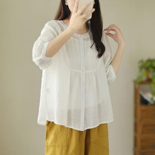 대외 무역 수출 여름 새로운 단색 면 린넨 인형 셔츠 맨위 여성 문예 품격 슬림해 보이는 빅 사이즈 반팔 셔츠 상세 이미지 12