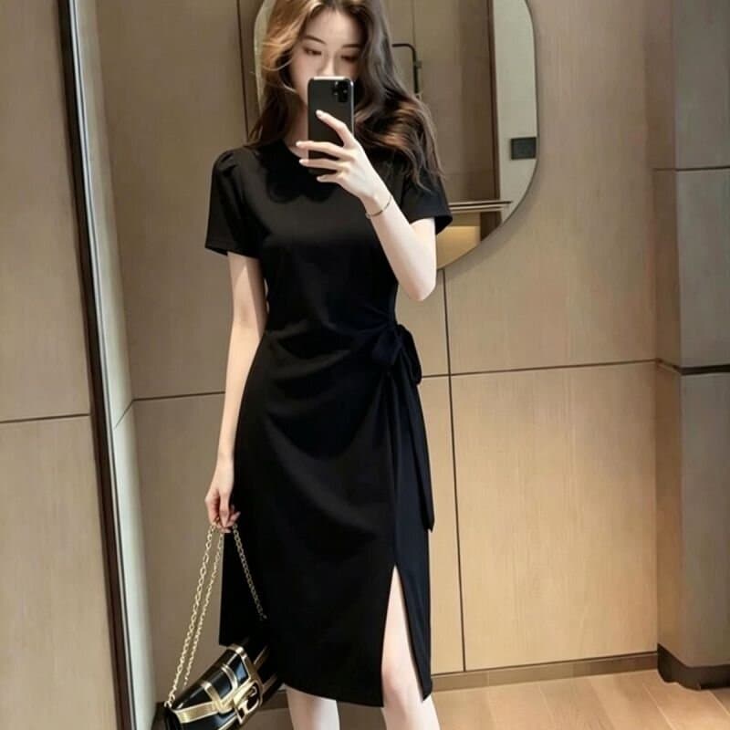 프랑스식 단색 캐주얼 스트랩 허리 수축 반팔 여성 드레스 여름 새로운 디자인 센스 밑단 트임 길다 치마 상세 이미지 3