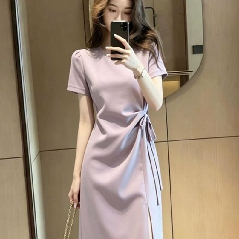프랑스식 단색 캐주얼 스트랩 허리 수축 반팔 여성 드레스 여름 새로운 디자인 센스 밑단 트임 길다 치마 상세 이미지 4
