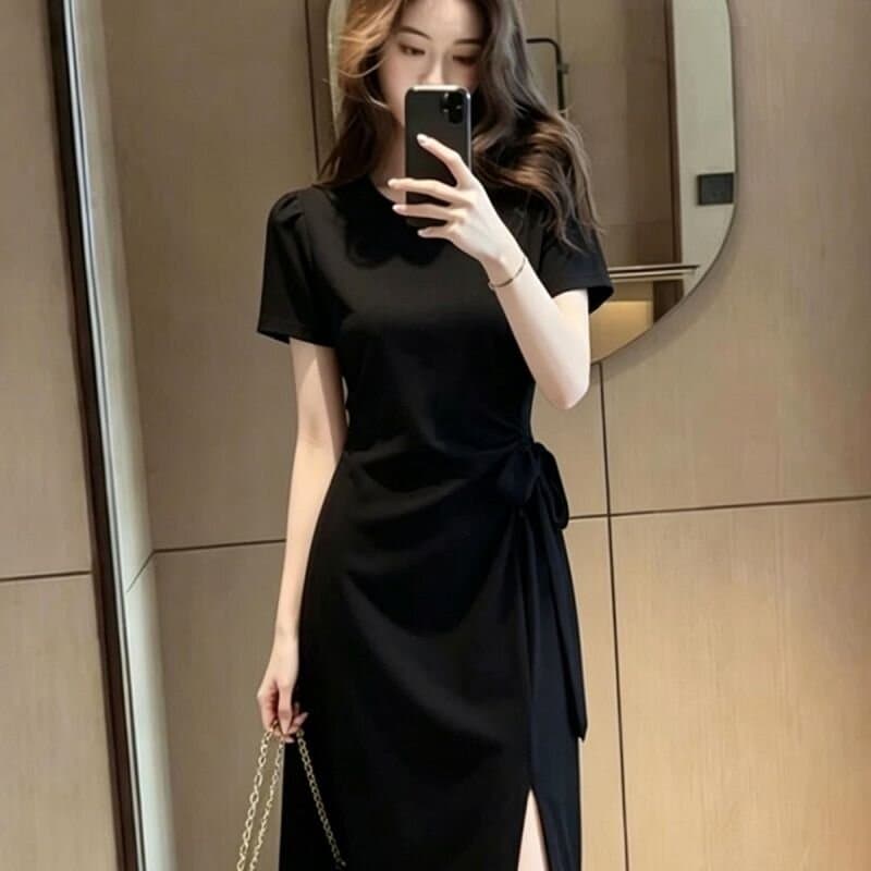 프랑스식 단색 캐주얼 스트랩 허리 수축 반팔 여성 드레스 여름 새로운 디자인 센스 밑단 트임 길다 치마 상세 이미지 5