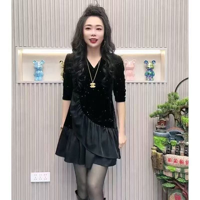 유럽 상품 금사 벨벳 여성 드레스 2026 가을 겨울 외국 가스 연령 감소 슬림해 보이는 V넥 디자인 센스 프릴 중간 길이 스커트 상세 이미지 6