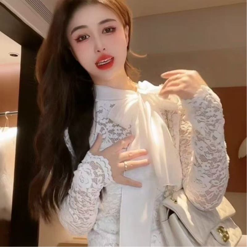 프랑스식 명문 여성 품격 달콤함 나비 넥타이 긴팔 레이스 셔츠 여성 2026 가을 겨울 새로운 부드러운 바람 맨위 이미지 5