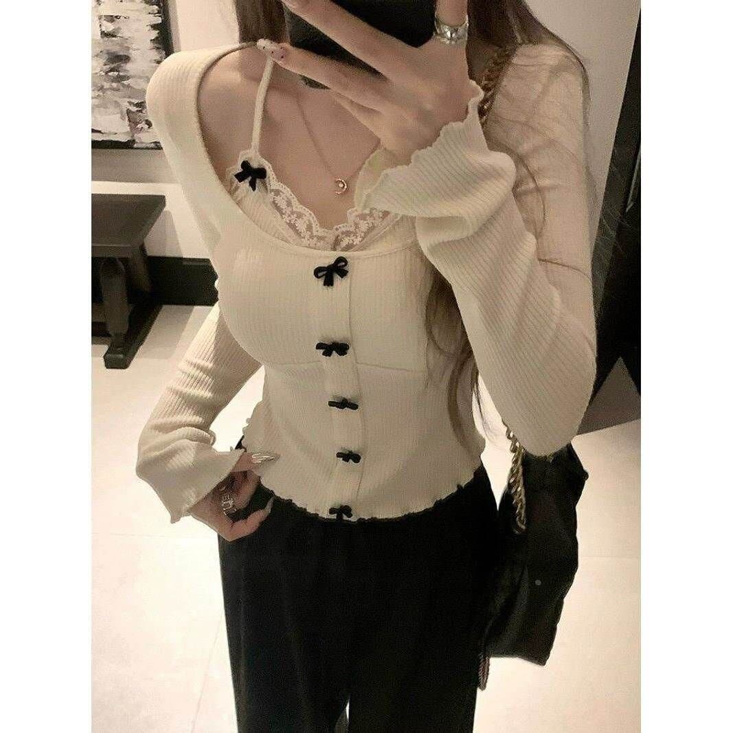 순수한 욕망 바람 외국 가스 몸매 가꾸기 슬림해 보이는 다용도 긴팔 행침 목 패치워크 페이크 레이어드 나비 매듭 니트 티셔츠 맨위 여성 이미지 3