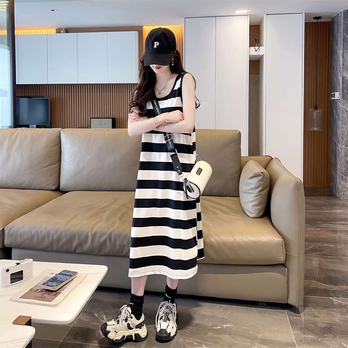한국 동대문 여름 새로운 캐주얼 라운드 넥 루즈핏 스트라이프 배색 외국 가스 패션 민소매 조끼 원피스 이미지 4