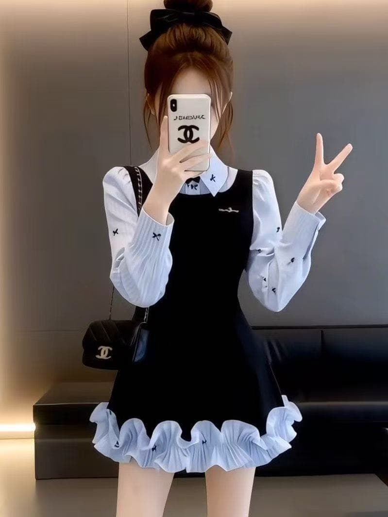 프랑스식 품격 배색 페이크 레이어드 셔츠 여성 드레스 가을 새로운 고급 센스 학원 스타일 한 마디 꽃밭 치마 상세 이미지 2