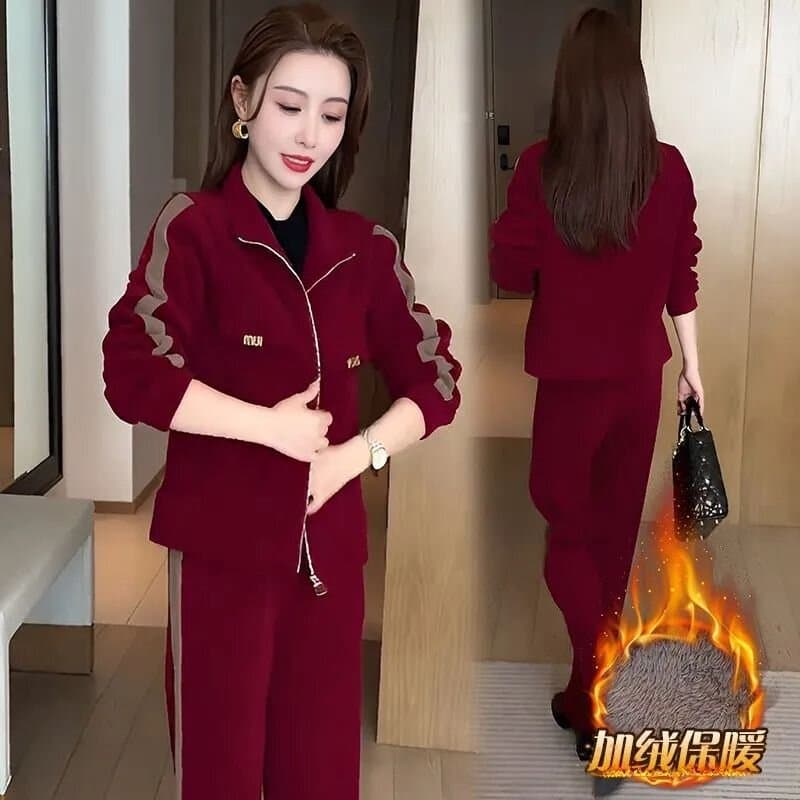 털이 있고 두꺼운 패션 캐주얼 세트 여성 2026 가을 겨울 새로운 외국 가스 연령 감소 슬림해 보이는 와이드 레그 팬츠 투피스 세트 트렌디 이미지 2