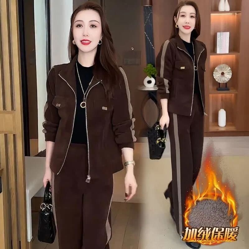 털이 있고 두꺼운 패션 캐주얼 세트 여성 2026 가을 겨울 새로운 외국 가스 연령 감소 슬림해 보이는 와이드 레그 팬츠 투피스 세트 트렌디 이미지 4