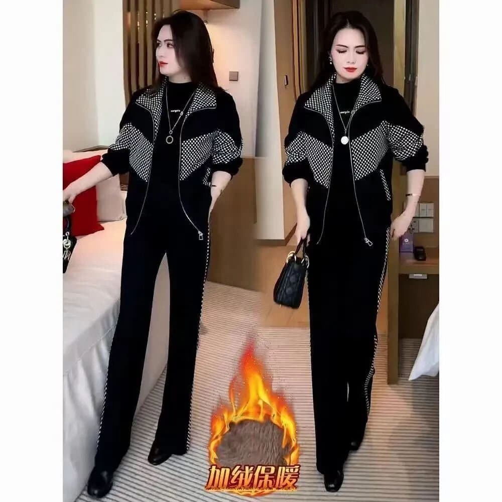 털이 있고 두꺼운 캐주얼 스포츠 슈트 여성 가을 겨울 세련된 외국 가스 스탠드 칼라 오픈 가디건 와이드 레그 팬츠 고급 센스 투피스 세트 상세 이미지 2