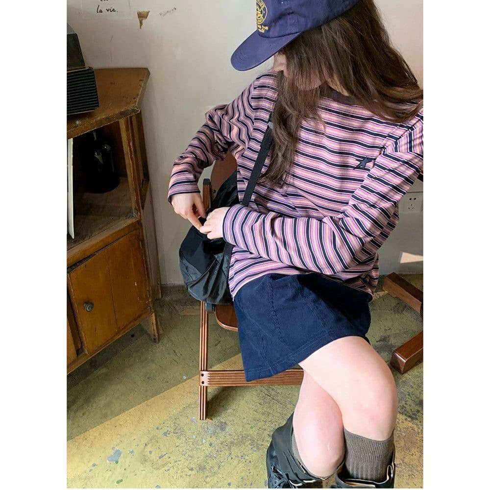 무거운 작업 자수 스트라이프 긴팔 티셔츠 여성 봄 가을 느긋한 분위기 센스 라운드 넥 맨위 도파민 순면 기본 셔츠 이미지 3