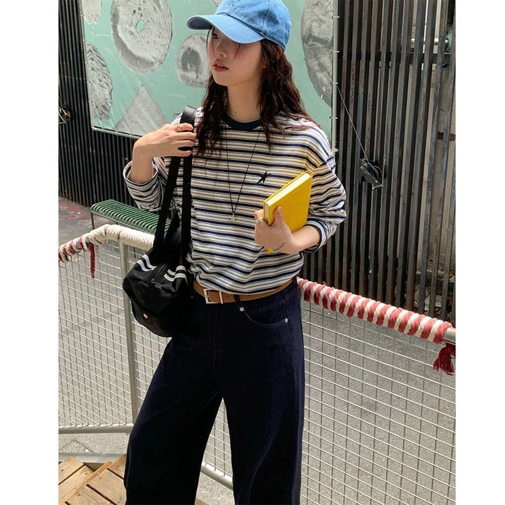 무거운 작업 자수 스트라이프 긴팔 티셔츠 여성 봄 가을 느긋한 분위기 센스 라운드 넥 맨위 도파민 순면 기본 셔츠 이미지 5