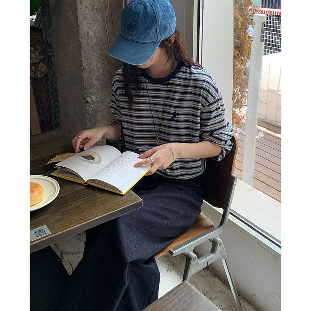 무거운 작업 자수 스트라이프 긴팔 티셔츠 여성 봄 가을 느긋한 분위기 센스 라운드 넥 맨위 도파민 순면 기본 셔츠 상세 이미지 8