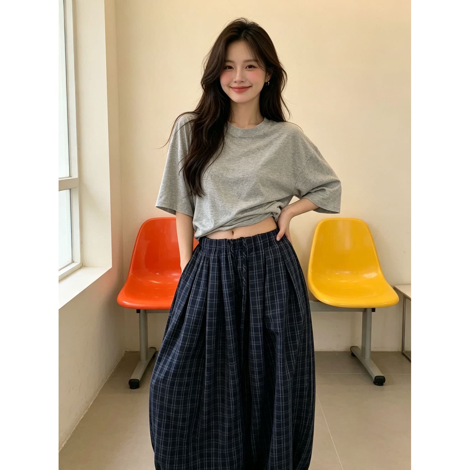 한 부서 레트로 체크무늬 와이드 레깅스 바지 허리밴드 배기 바지 슬림해 보이는 다용도 캐주얼 긴 바지 여름 착용 가져 가라. 이미지 2