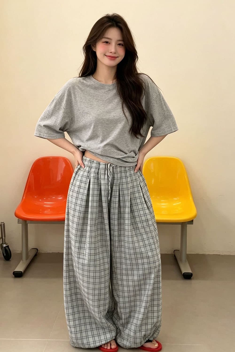 한 부서 레트로 체크무늬 와이드 레깅스 바지 허리밴드 배기 바지 슬림해 보이는 다용도 캐주얼 긴 바지 여름 착용 가져 가라. 상세 이미지 2
