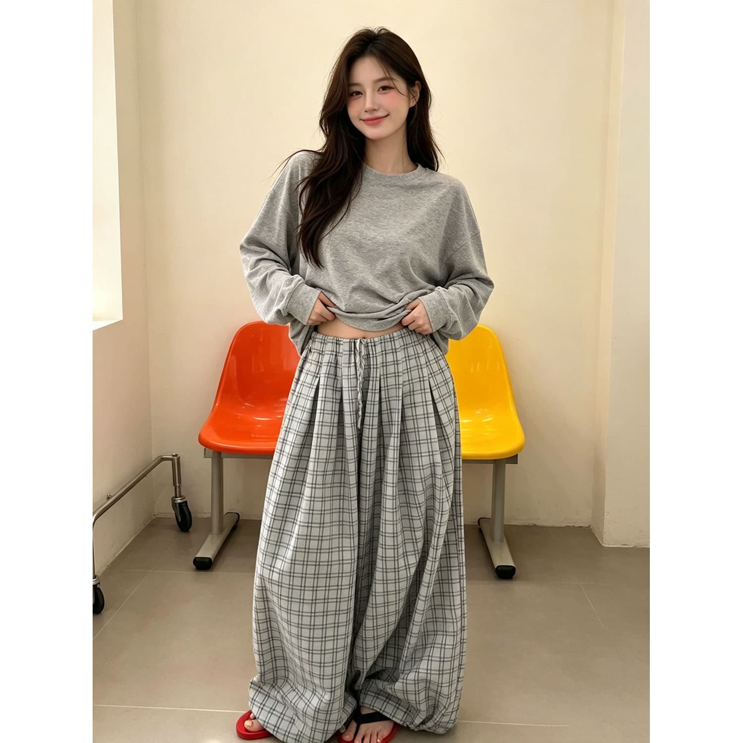 한 부서 레트로 체크무늬 와이드 레깅스 바지 허리밴드 배기 바지 슬림해 보이는 다용도 캐주얼 긴 바지 여름 착용 가져 가라. 상세 이미지 4