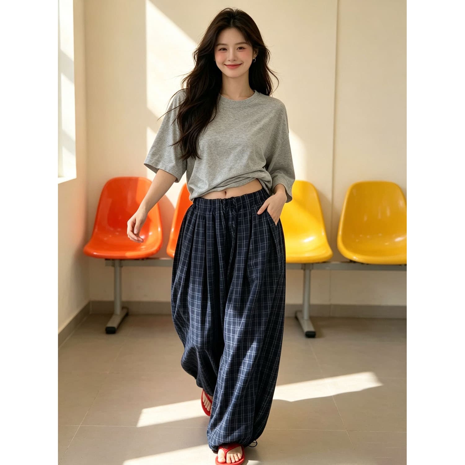 한 부서 레트로 체크무늬 와이드 레깅스 바지 허리밴드 배기 바지 슬림해 보이는 다용도 캐주얼 긴 바지 여름 착용 가져 가라. 상세 이미지 5