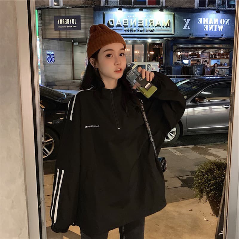 캐주얼 검정색 라운드 넥 긴팔 후드티 여성 작은 대중 한국 스타일 중간 길이 스트라이프 편안함 루즈핏 봄 가을 지퍼 맨위 이미지 2