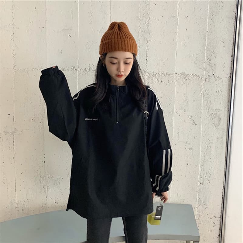 캐주얼 검정색 라운드 넥 긴팔 후드티 여성 작은 대중 한국 스타일 중간 길이 스트라이프 편안함 루즈핏 봄 가을 지퍼 맨위 이미지 3