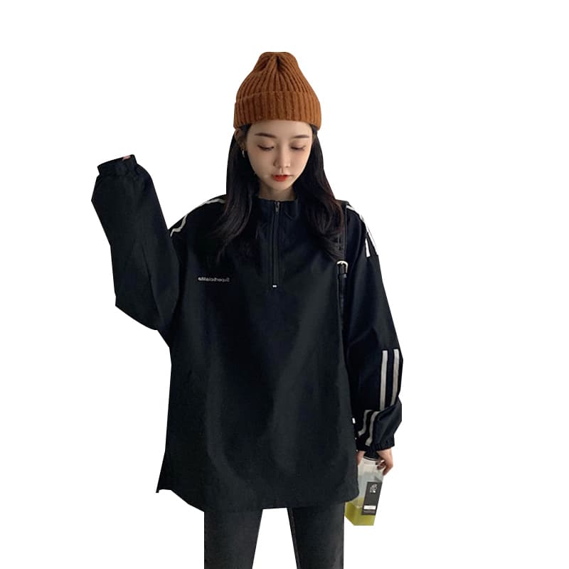 캐주얼 검정색 라운드 넥 긴팔 후드티 여성 작은 대중 한국 스타일 중간 길이 스트라이프 편안함 루즈핏 봄 가을 지퍼 맨위 이미지 5