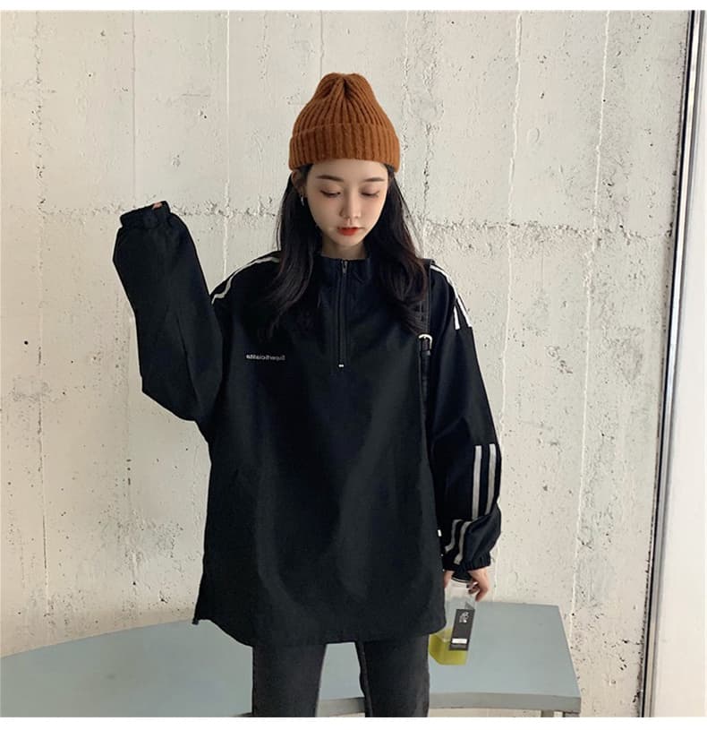 캐주얼 검정색 라운드 넥 긴팔 후드티 여성 작은 대중 한국 스타일 중간 길이 스트라이프 편안함 루즈핏 봄 가을 지퍼 맨위 상세 이미지 4
