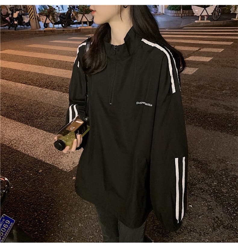 캐주얼 검정색 라운드 넥 긴팔 후드티 여성 작은 대중 한국 스타일 중간 길이 스트라이프 편안함 루즈핏 봄 가을 지퍼 맨위 상세 이미지 8
