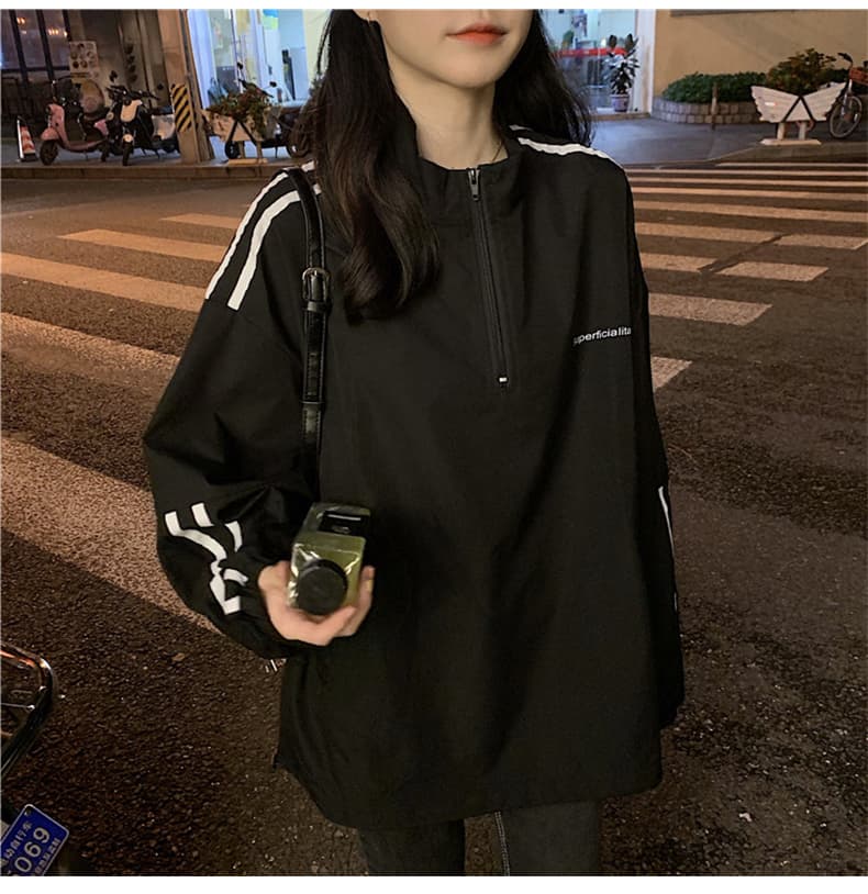 캐주얼 검정색 라운드 넥 긴팔 후드티 여성 작은 대중 한국 스타일 중간 길이 스트라이프 편안함 루즈핏 봄 가을 지퍼 맨위 상세 이미지 9