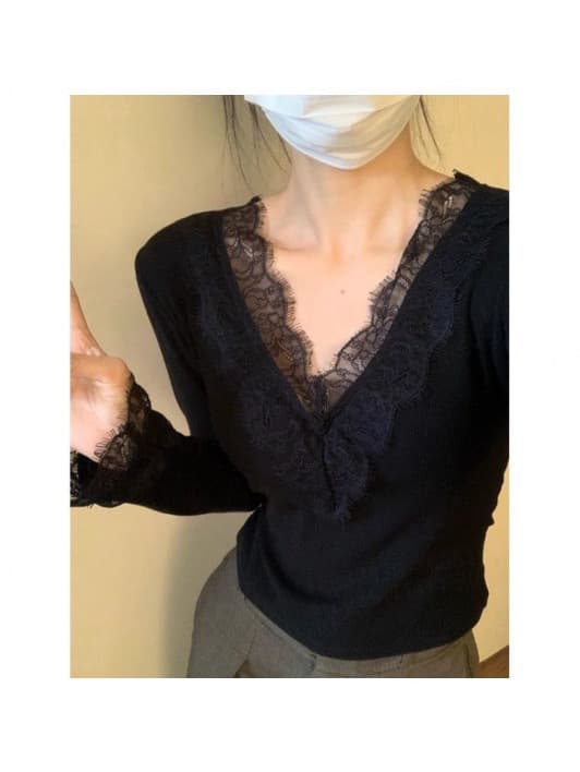 순수한 욕망 센스 레이스 조각 칼라 De 플러시 긴팔 기본 셔츠 여성 2026 가을 겨울 인사이드 가져 가라. 신축성 V넥 티셔츠 맨위 트렌디 이미지 4