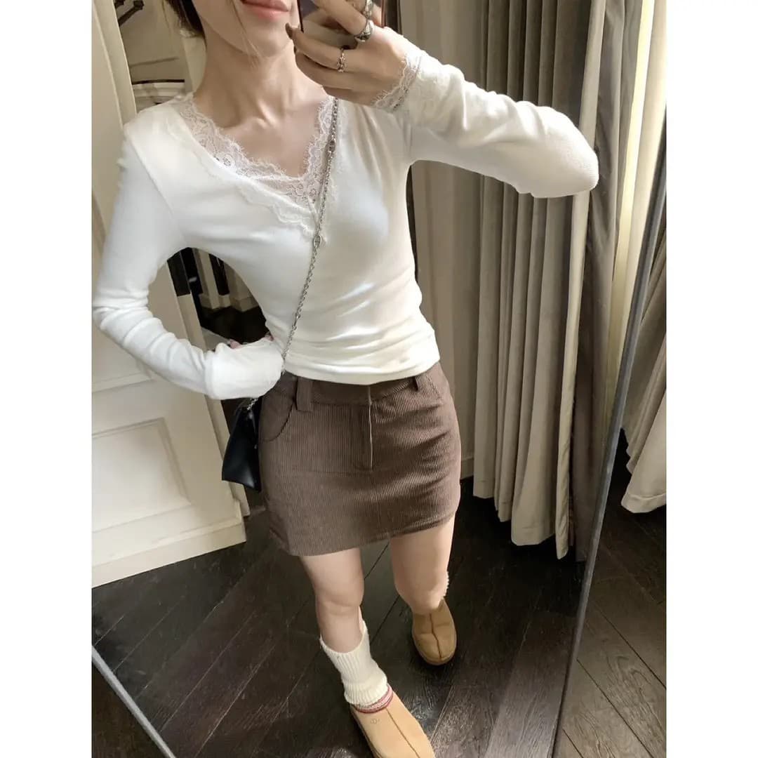 순수한 욕망 센스 레이스 조각 칼라 De 플러시 긴팔 기본 셔츠 여성 2026 가을 겨울 인사이드 가져 가라. 신축성 V넥 티셔츠 맨위 트렌디 상세 이미지 7