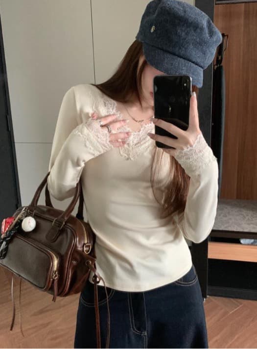 순수한 욕망 센스 레이스 조각 칼라 De 플러시 긴팔 기본 셔츠 여성 2026 가을 겨울 인사이드 가져 가라. 신축성 V넥 티셔츠 맨위 트렌디 상세 이미지 9