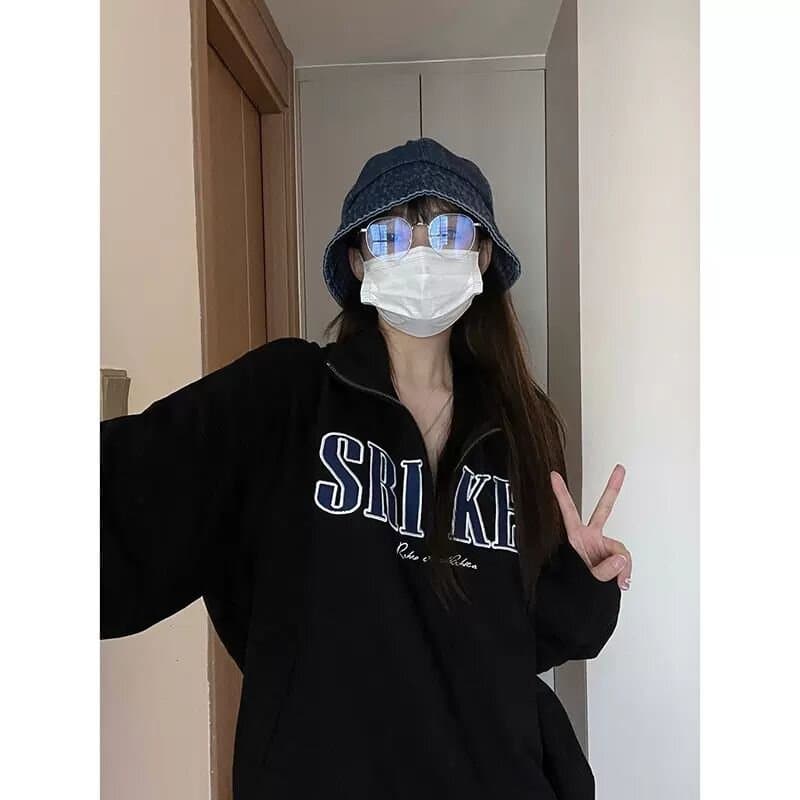 검정색 POLO 칼라 하프 지퍼 후드티 여성 2026 새로운 폭발 가을 겨울철 아메리칸 레트로 루즈핏 빅 사이즈 맨위 이미지 2