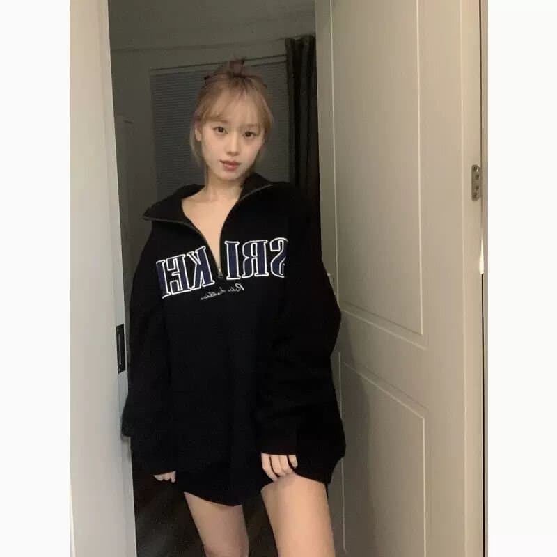 검정색 POLO 칼라 하프 지퍼 후드티 여성 2026 새로운 폭발 가을 겨울철 아메리칸 레트로 루즈핏 빅 사이즈 맨위 이미지 3