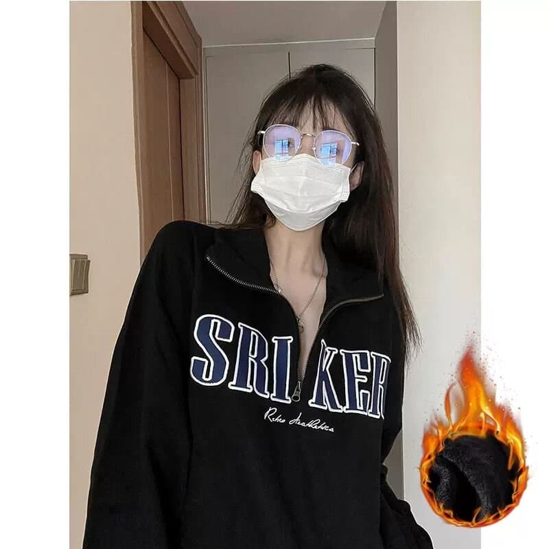 검정색 POLO 칼라 하프 지퍼 후드티 여성 2026 새로운 폭발 가을 겨울철 아메리칸 레트로 루즈핏 빅 사이즈 맨위 이미지 4