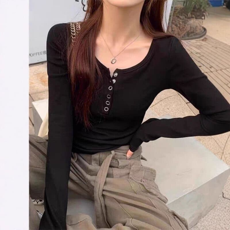 핫걸 낮은 네크라인 긍정적 인 어깨 긴팔 여성 티셔츠 2026 가을 새로운 고급 센스 chic 기본 셔츠 인사이드 가져 가라. 작은 맨위 이미지 4