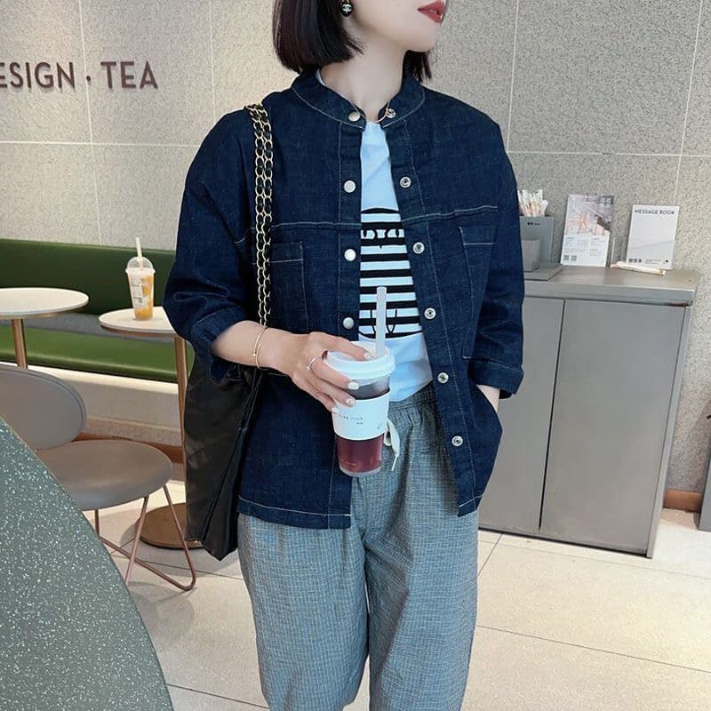 한국 동대문 여성 의류 봄 여름 미니멀리즘 루즈핏 캐주얼 바람 진한 파란색 신축성 7부 소매 데님 재킷 이미지 2