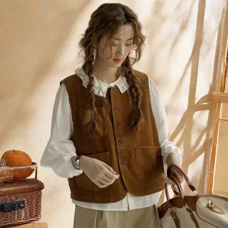레트로 일본식 코듀로이 무거운 작업 베스트 여성 코트 가을 새로운 작은 청신 루즈핏 조끼 조끼 맨위 트렌디 상세 이미지 2