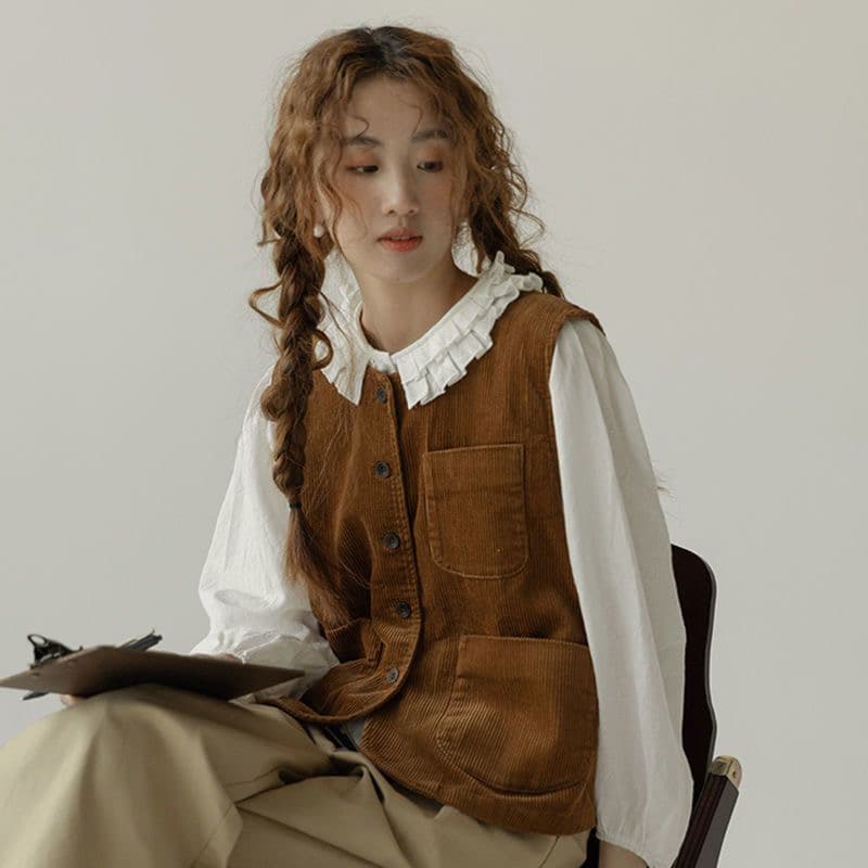 레트로 일본식 코듀로이 무거운 작업 베스트 여성 코트 가을 새로운 작은 청신 루즈핏 조끼 조끼 맨위 트렌디 상세 이미지 9